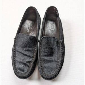 Tods Loafer Mens Size 8.5 Black Calf? Hair Vibram‎ Driving Slip On